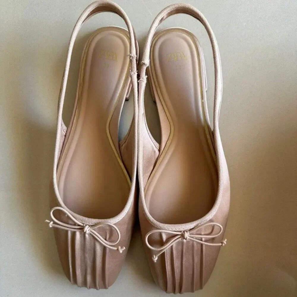 ZARA Blush Pink Satin Slingback Ballet Flats Bow Rounded Toe NWT 7.5